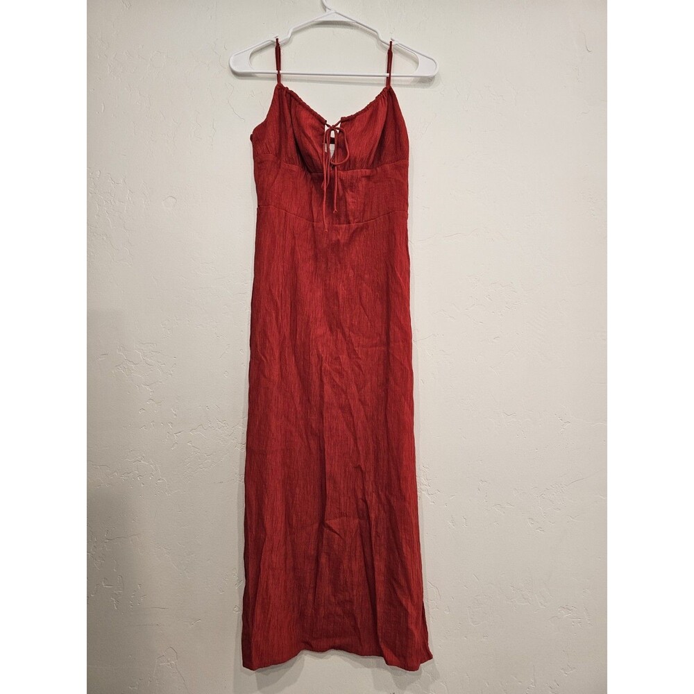 H&M Women's Red Crinkled Midi Dress Sleeves Size Small - Picture 1 of 5